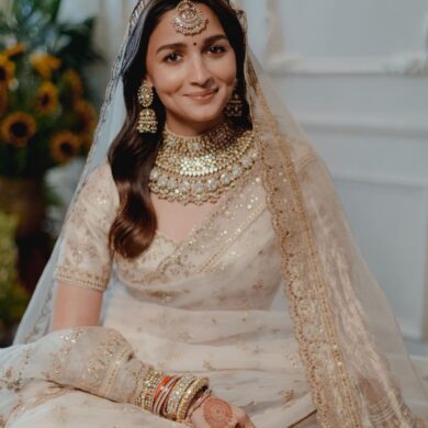 Alia Bhatt in an ivory Sabyasachi sari