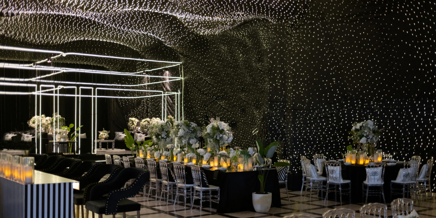 wedding decor with twinkling stars ceiling for cocktail party