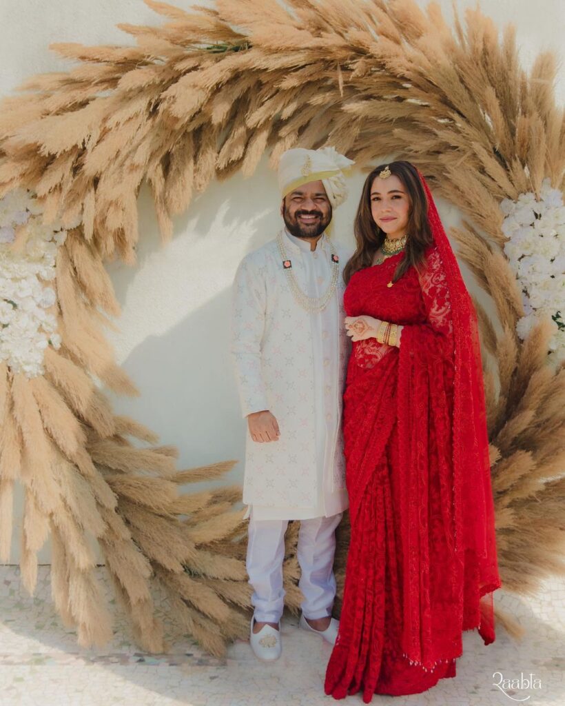 Manvi Gagroo in red Shantanu Goenka sari