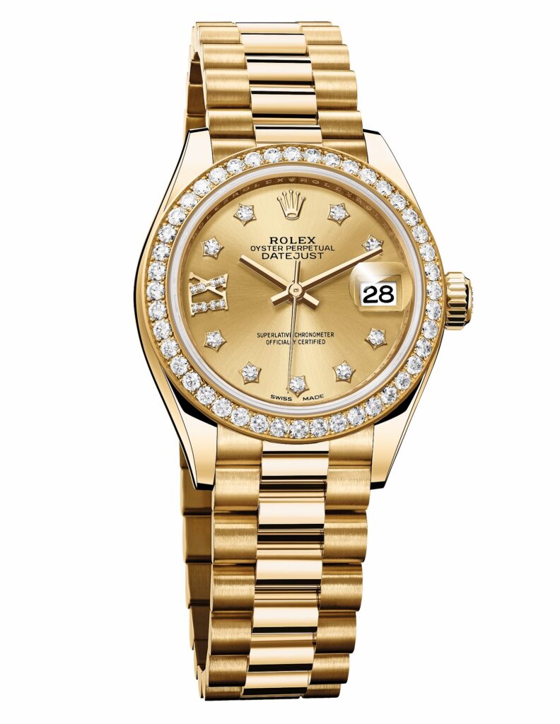 Rolex Lady DateJust Watch for women with gold metal strap