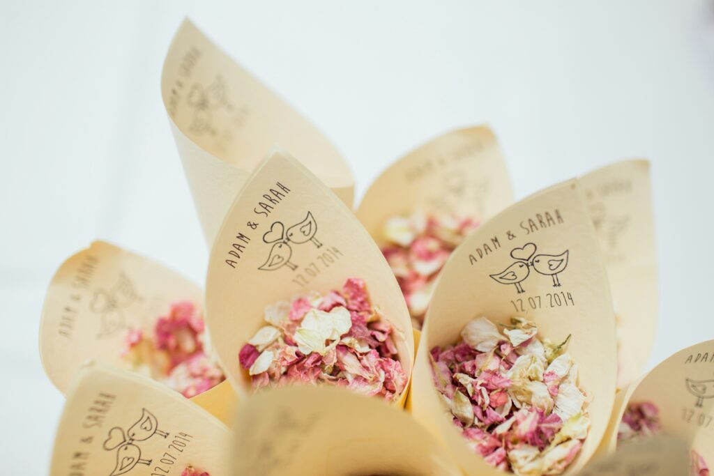 paper cones filled with rose petals