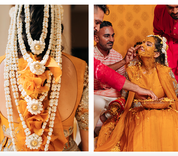 Indian bride with haldi on her face and big flower hair accessory