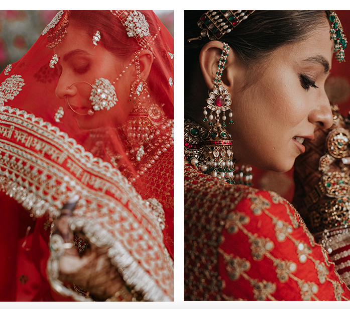 Portraits of shy Indian bride in red