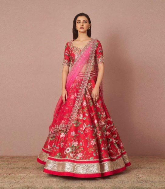 girl wearing a red floral printed lehenga set with ombre dupatta