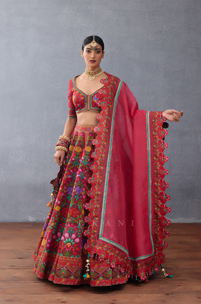 girl wearing printed lehenga with jewellery