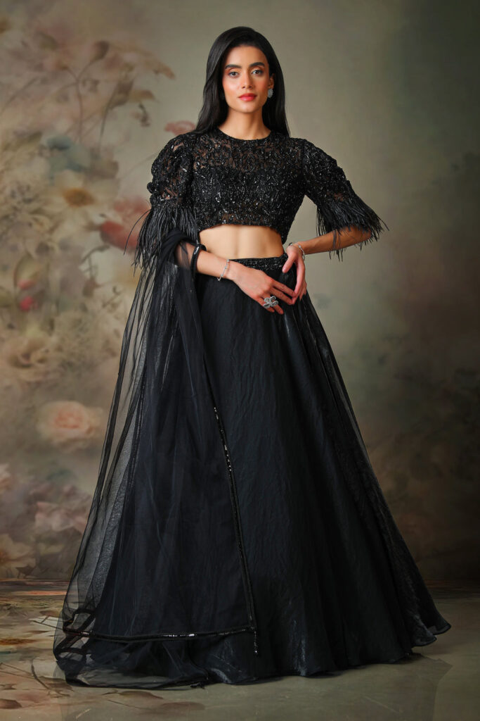 Mongas, lehenga, black lehenga, bridesmaid lehenga, effortless lehenga, lightweight lehenga, designer lehenga