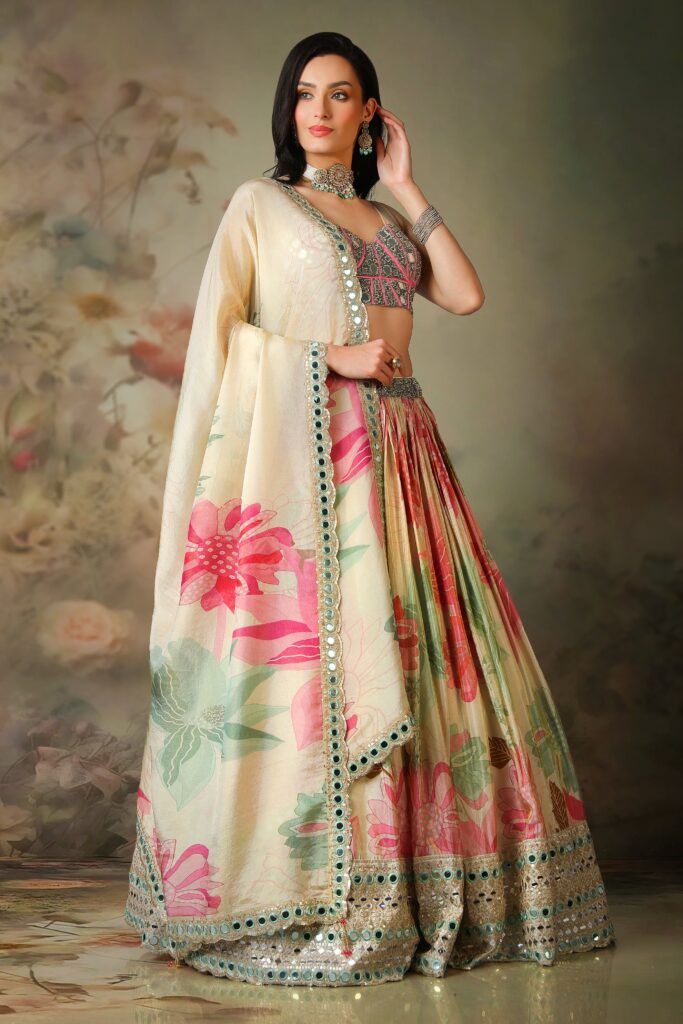 Mongas, lehenga, floral lehenga, bridesmaid lehenga, effortless lehenga, lightweight lehenga, designer lehenga, yellow lehenga