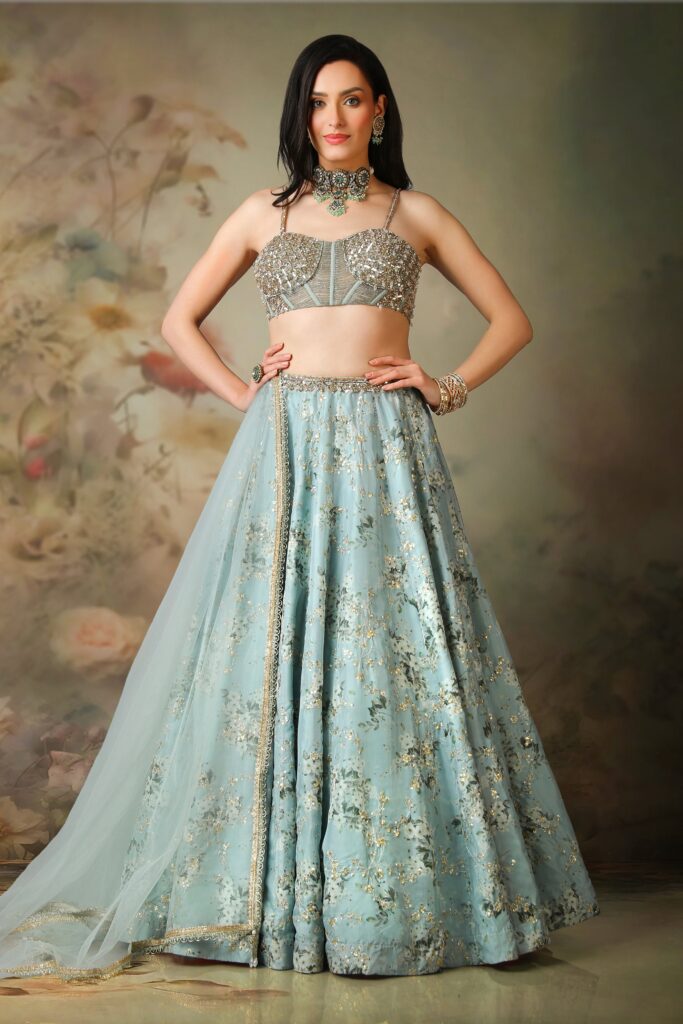 Mongas, lehenga, blue lehenga, bridesmaid lehenga, effortless lehenga, lightweight lehenga, designer lehenga