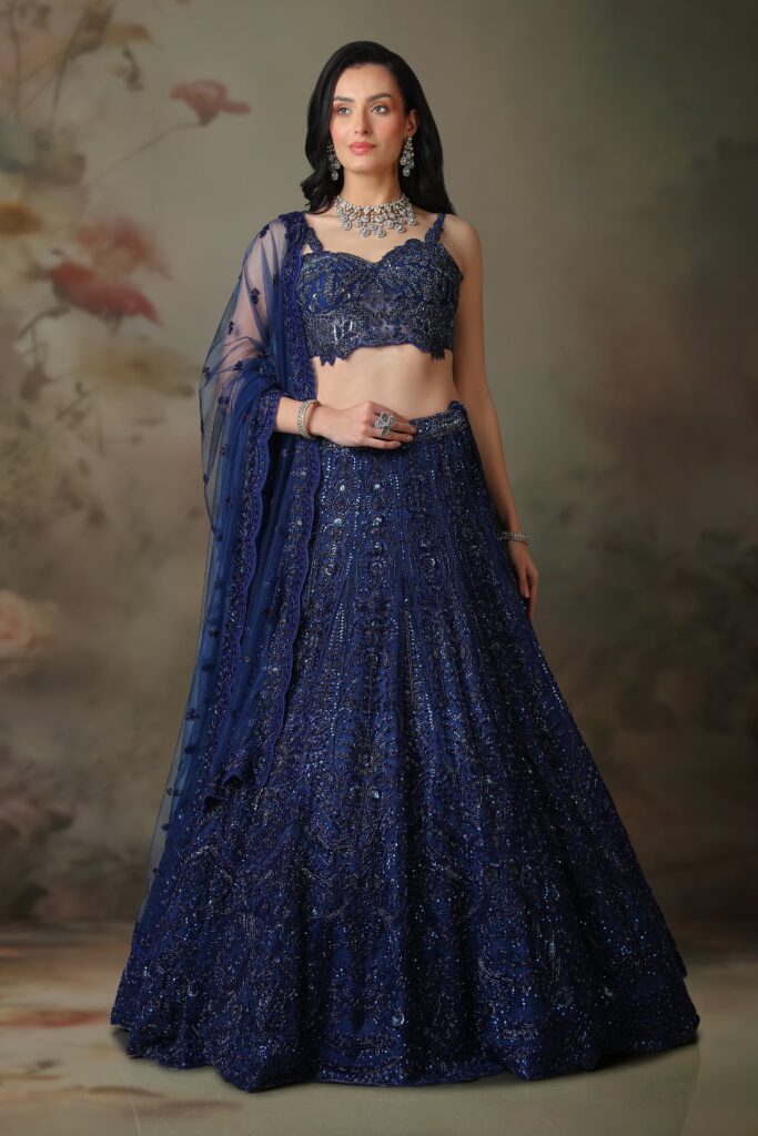 Mongas, lehenga, navy lehenga, bridesmaid lehenga, effortless lehenga, lightweight lehenga, designer lehenga, blue lehenga