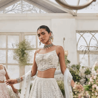 Mongas, lehenga, white lehenga, bridesmaid lehenga, effortless lehenga, lightweight lehenga, designer lehenga, yellow lehenga